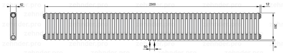 Схема (чертеж) Радиатор Zehnder Charleston 2026/50 №5410 Белый глянцевый RAL 9016